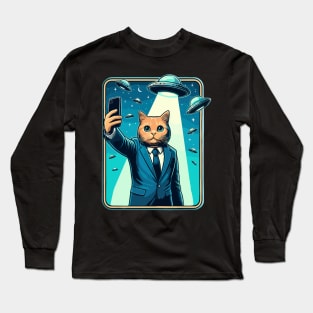 Funny Cat Selfie With UFOs Behind Long Sleeve T-Shirt